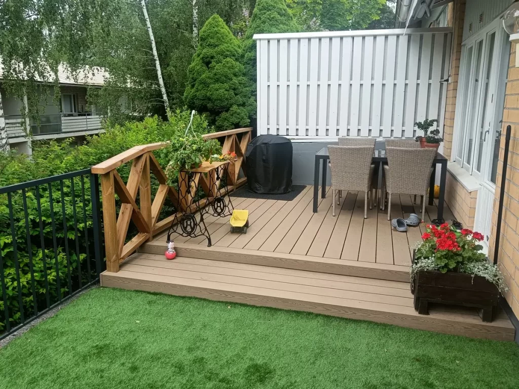 Uusi komposiittilaudoitettu terassi rivitalon takapihalla Naantalissa.