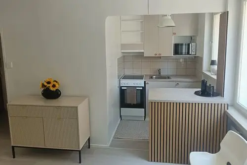 Remontoitu ja kalustettu vuokra-asunto Turussa. Asuntoon asennettu uusi lattia, maalattu seinät ja asennettu uusia kiintokalusteita.